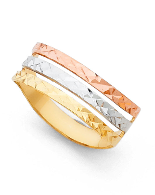 14K Tri-Color Gold Women's Diamond-Cut Multi-Layer Band Ring