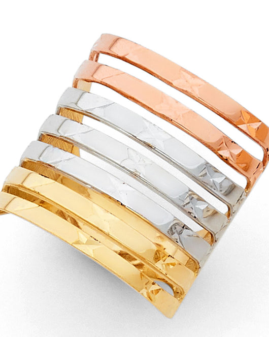 14K Tri-Color Gold Women's Diamond-Cut Multi-Band Ring