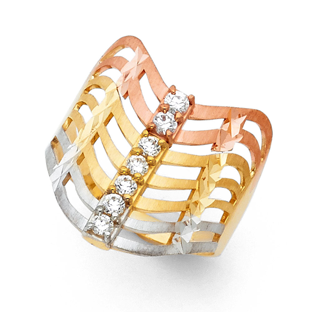 14K Tri-Color Gold Women's Multi-Row CZ Diamond-Cut Ring