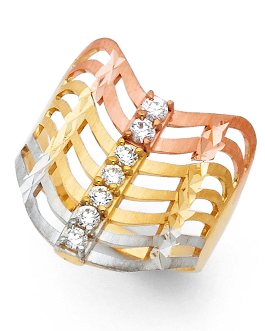14K Tri-Color Gold Women's Multi-Row CZ Diamond-Cut Ring