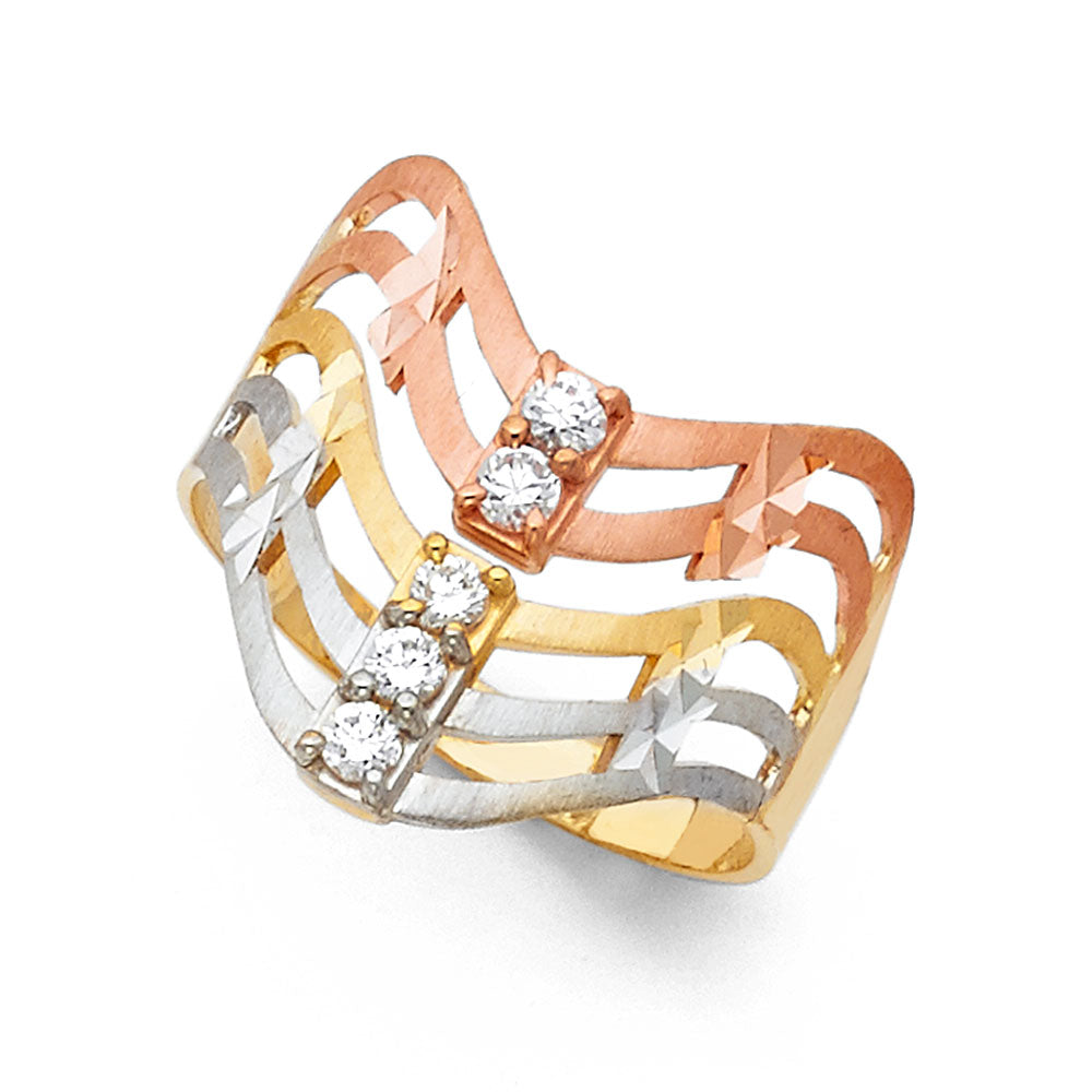14K Tri-Color Gold Women's Multi-Row CZ Diamond-Cut Ring