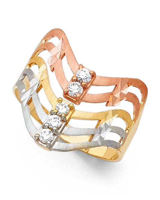 14K Tri-Color Gold Women's Multi-Row CZ Diamond-Cut Ring