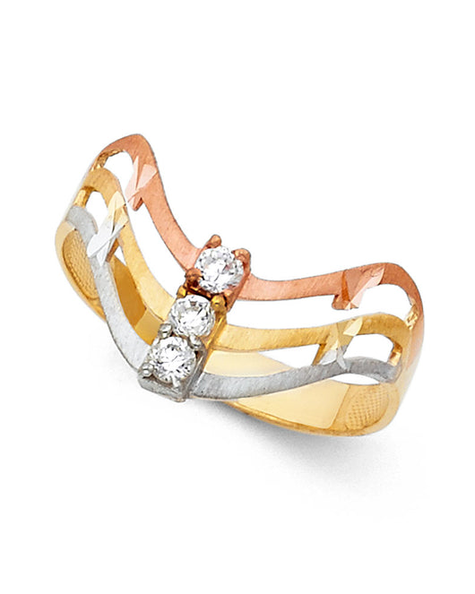 14K Tri-Color Gold Women's Multi-Row CZ Diamond-Cut Ring