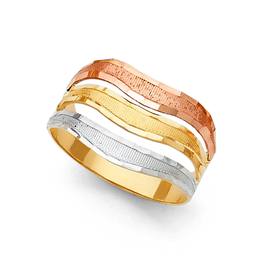 14K Tri-Color Gold Women's Diamond-Cut Multi-Layer Band Ring