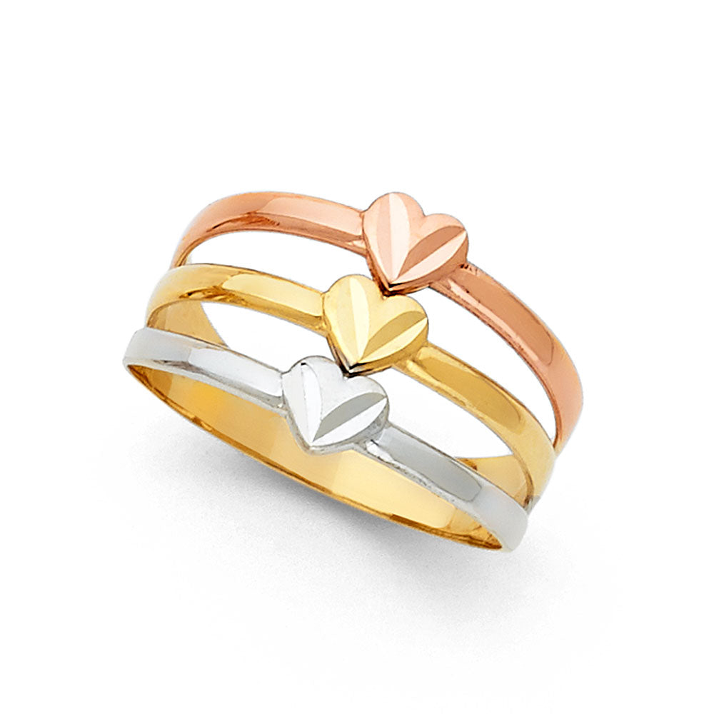 14K Tri-Color Gold Women's Triple Heart Design Ring