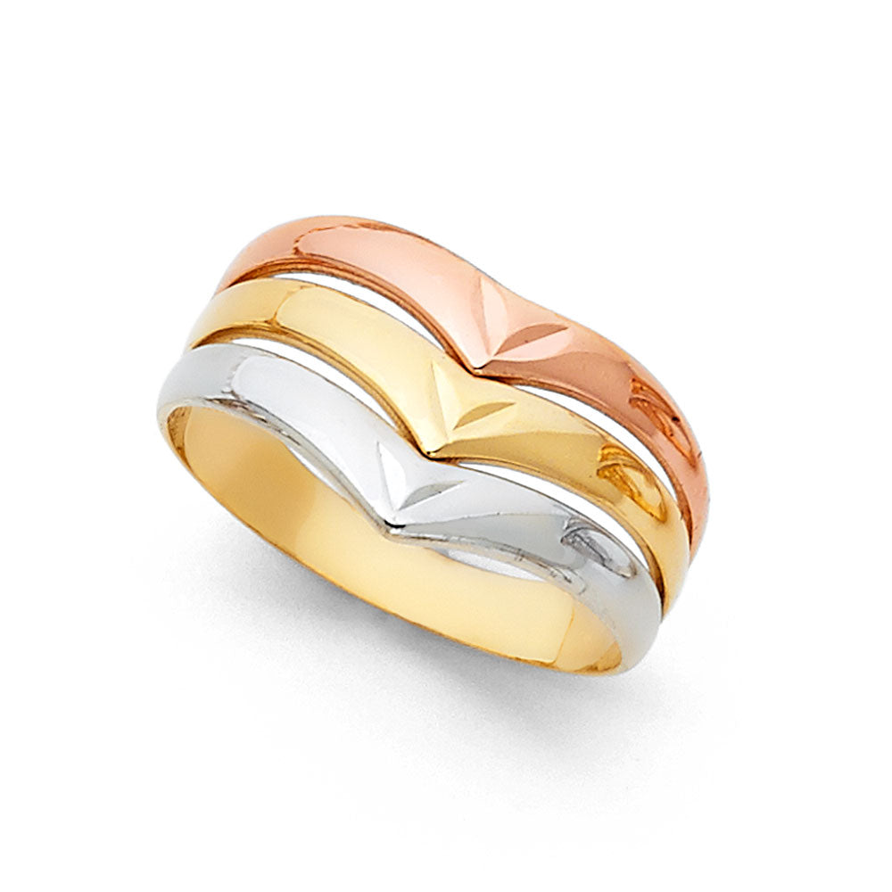 14K Tri-Color Gold Women's Diamond-Cut Multi-Layer Band Ring