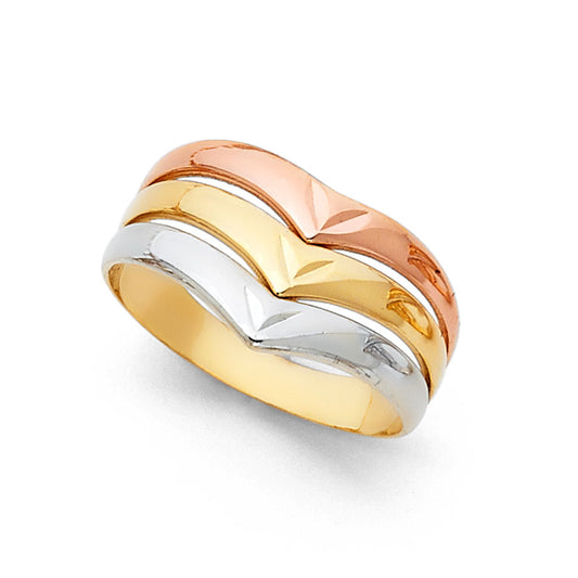 14K Tri-Color Gold Women's Diamond-Cut Multi-Layer Band Ring