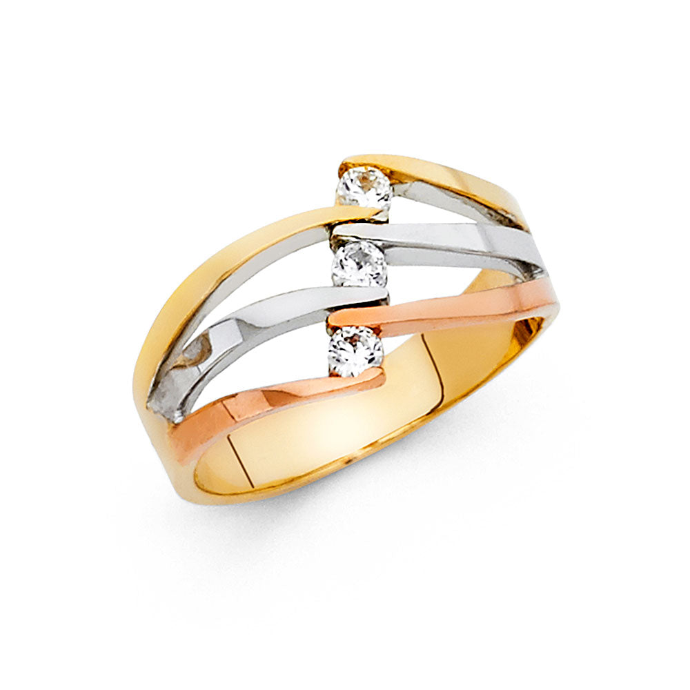 14K Tri-Color Gold 3-Stone CZ Crossover Ring