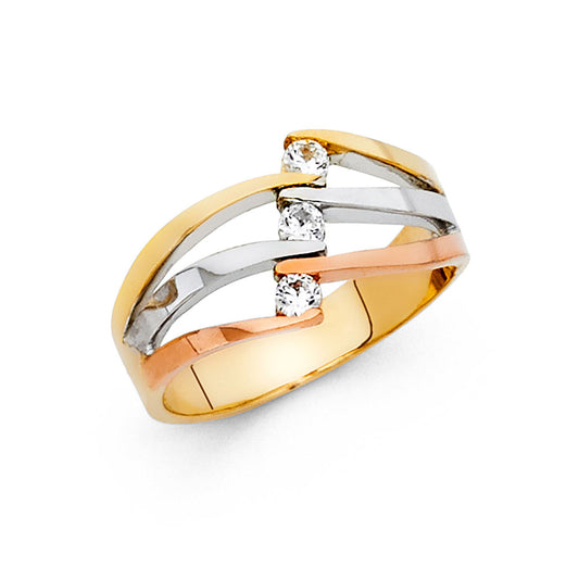 14K Tri-Color Gold 3-Stone CZ Crossover Ring