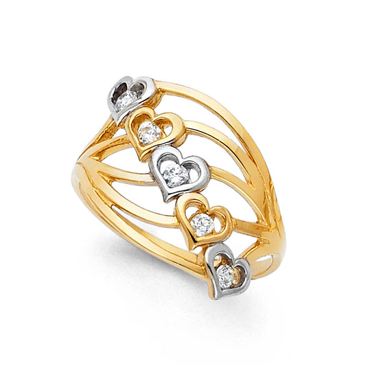 14K Two-Tone Gold Women's Five Heart CZ Ring