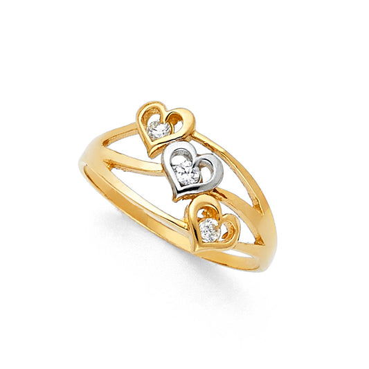 14K Two-Tone Gold Women's Three Heart CZ Ring