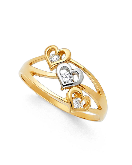 14K Two-Tone Gold Women's Three Heart CZ Ring
