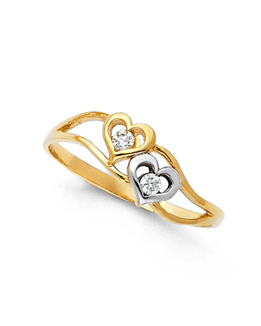14K Two-Tone Gold Women's Double Heart CZ Ring