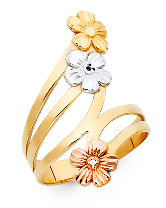14K Tri-Color Gold Triple Flower Open Design Ring