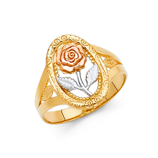 14K Tri-Color Gold Rose Filigree Design Ring