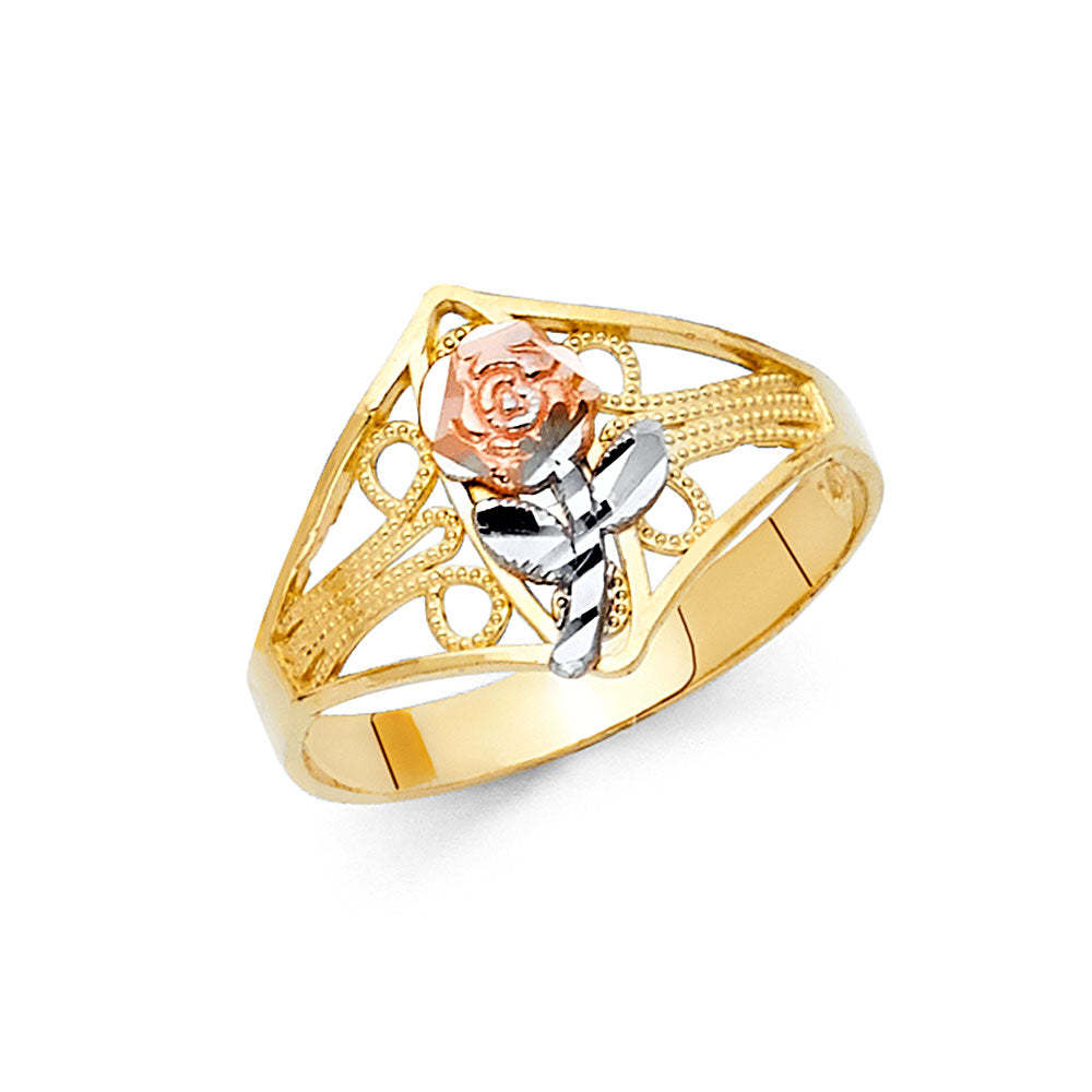 14K Tri-Color Gold Rose Filigree Design Ring