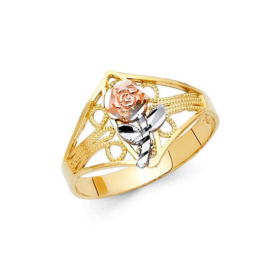 14K Tri-Color Gold Rose Filigree Design Ring