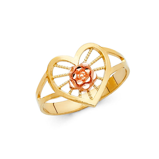 14K Two-Tone Gold Heart Rose Filigree Design Ring