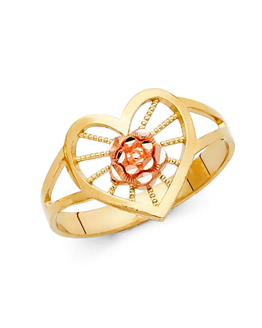 14K Two-Tone Gold Heart Rose Filigree Design Ring