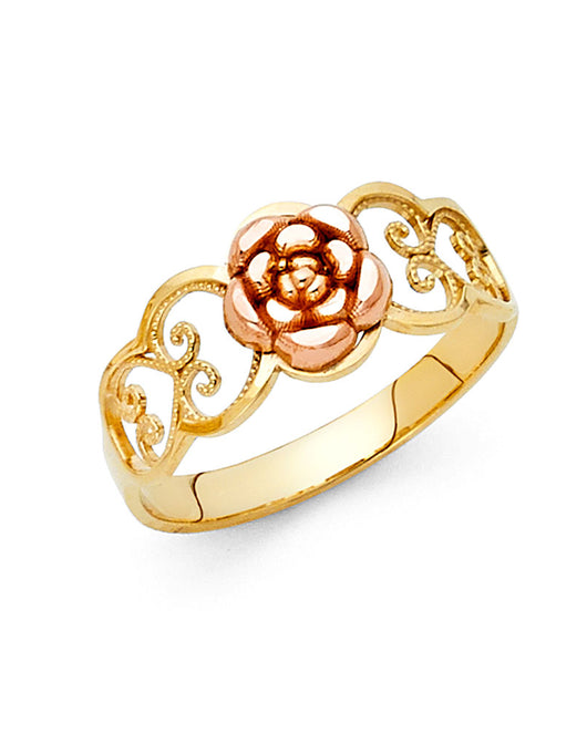 14K Two-Tone Gold Rose Filigree Design Ring