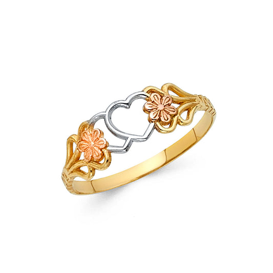 14K Tri-Color Gold Double Heart Flower Design Ring