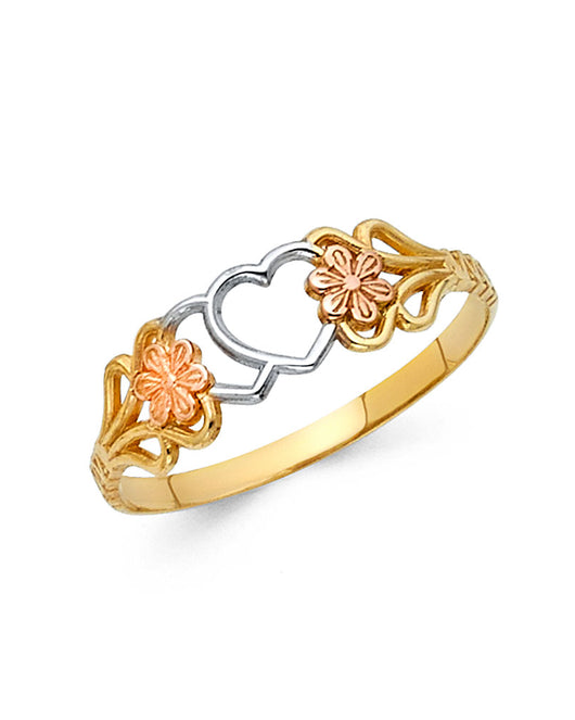 14K Tri-Color Gold Double Heart Flower Design Ring