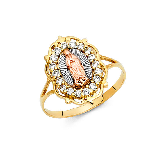 14K Tri-Color Gold Women’s Virgin Guadalupe Halo CZ Ring