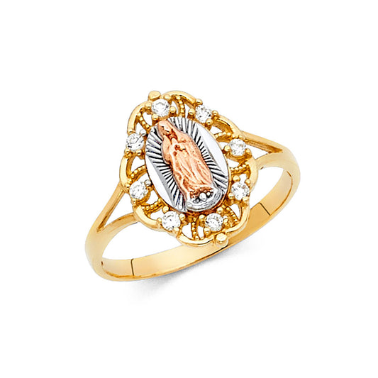 14K Tri-Color Gold Women’s Virgin Guadalupe Filigree Design CZ Ring