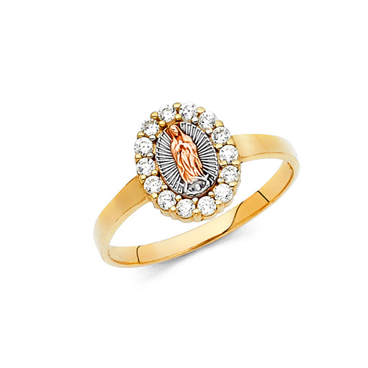 14K Tri-Color Gold Virgin Guadalupe Halo CZ Ring