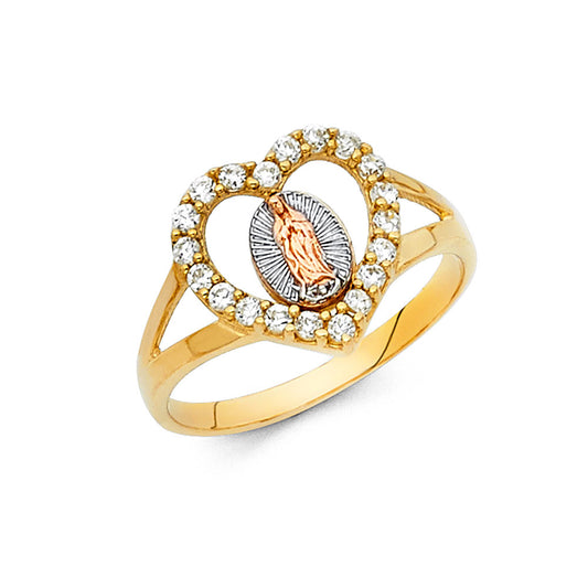 14K Tri-Color Gold Virgin Guadalupe Heart Halo CZ Ring