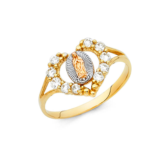14K Tri-Color Gold Virgin Guadalupe Heart Halo CZ Ring
