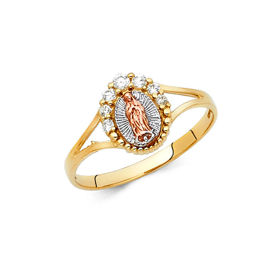 14K Tri-Color Gold Virgin Guadalupe Halo CZ Ring