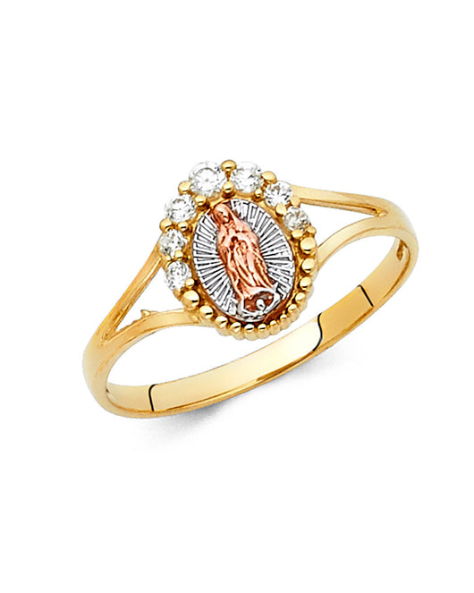 14K Tri-Color Gold Virgin Guadalupe Halo CZ Ring