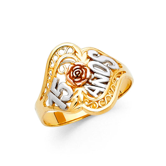 14K Tri-Color Gold 15 Años Quinceañera Ring