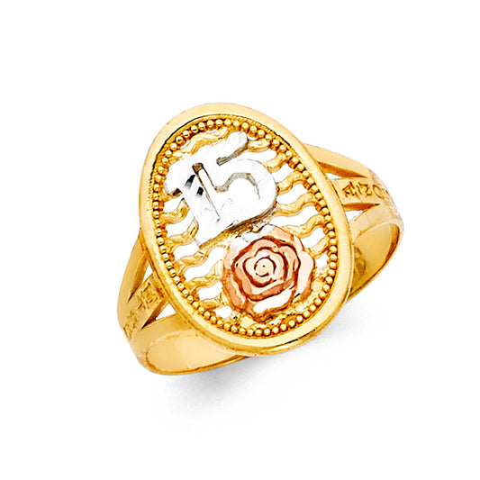 14K Tri-Color Gold 15 Años Quinceañera Ring