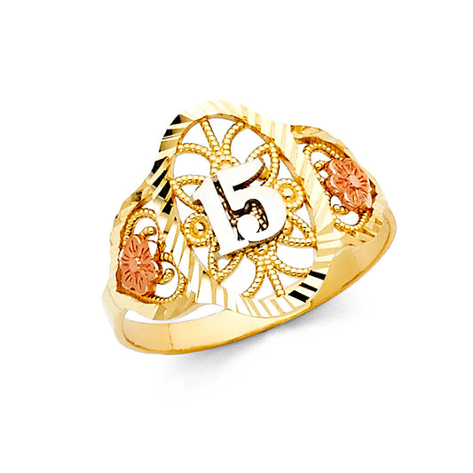 14K Tri-Color Gold 15 Años Quinceañera Ring