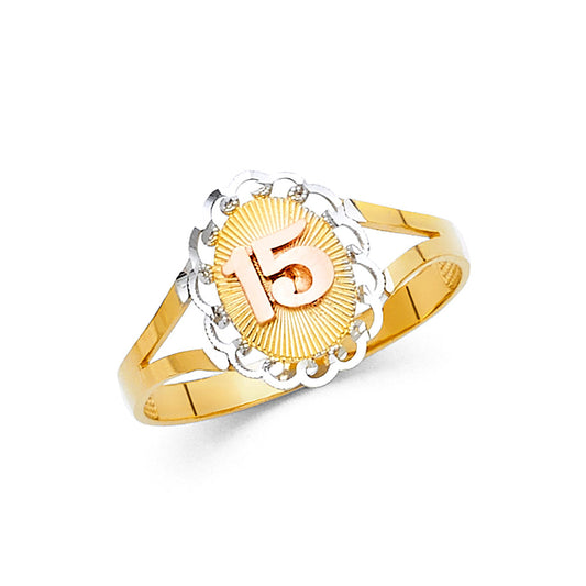 14K Tri-Color Gold 15 Años Quinceañera Ring