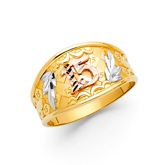 14K Tri-Color Gold 15 Años Quinceañera Ring