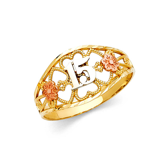 14K Tri-Color Gold 15 Años Quinceañera Ring