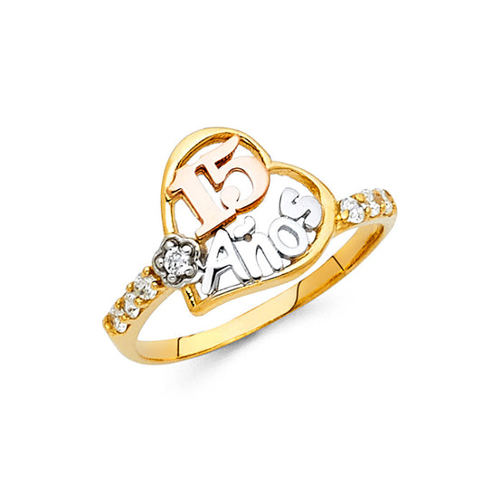 14K Tri-Color Gold CZ Quinceañera Heart with Rose Gold 15, White Gold “Años”