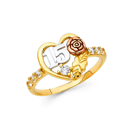 14K Tri-Color Gold Quinceañera Heart Ring with Flower Accent