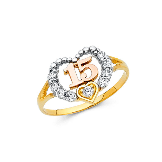 14K Tri-Color Gold Quinceañera Heart Ring with CZ Heart Halo & Small Heart Accent