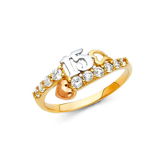 14K Tri-Color Gold 15 Años Quinceañera CZ Ring