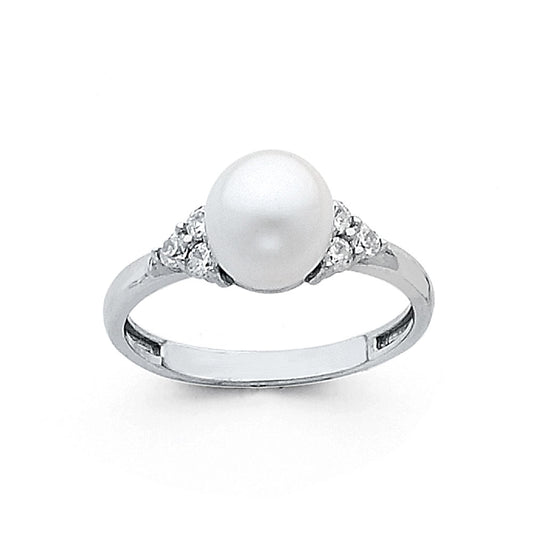 14K White Gold Pearl & CZ Cluster Accent Ring