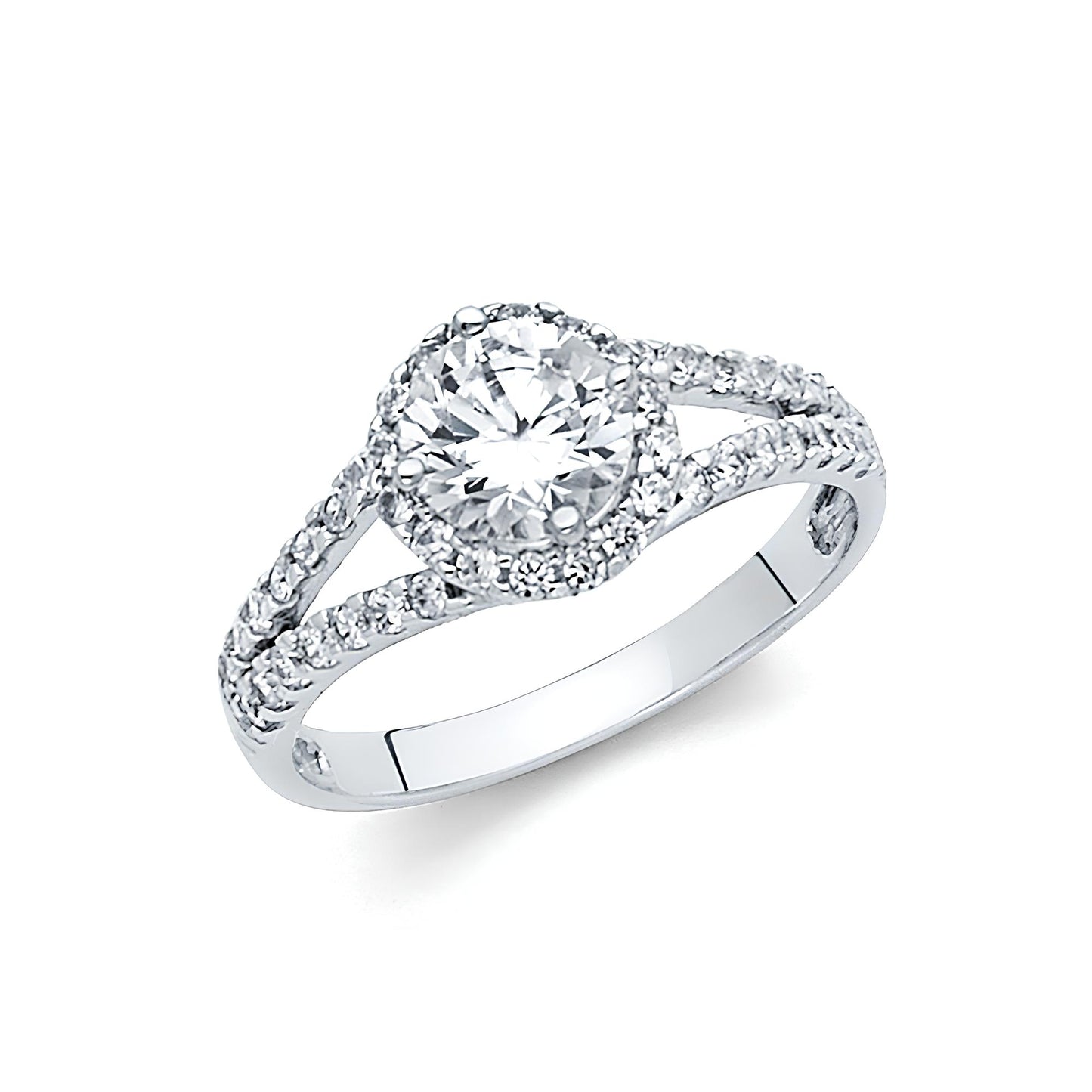 1 ct Halo Round Cubic Zirconia Engagement Ring in 14K White Gold Split Shank
