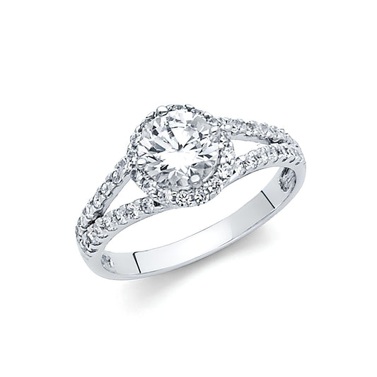 1 ct Halo Round Cubic Zirconia Engagement Ring in 14K White Gold Split Shank
