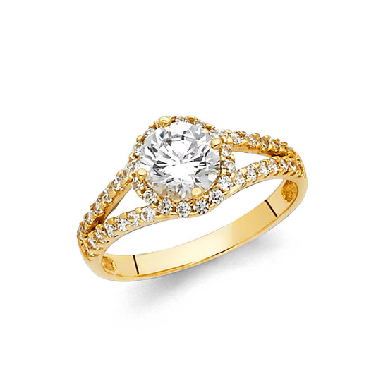 1 ct Halo Round Cubic Zirconia Engagement Ring in 14K Yellow Gold Split Shank