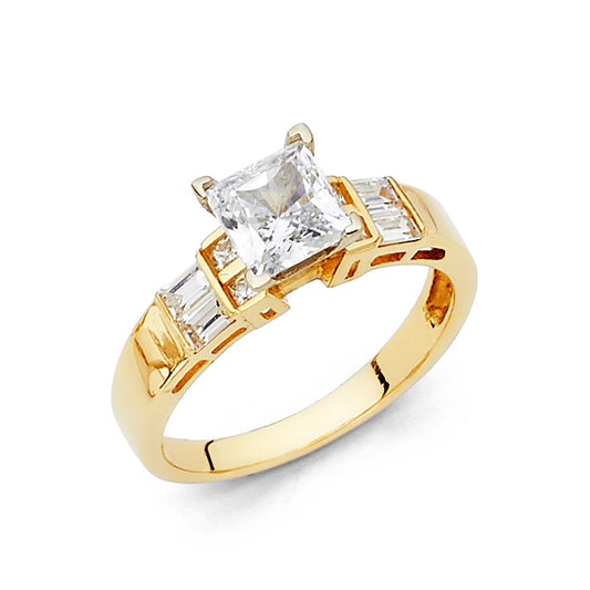 14K Yellow Gold Women’s Princess Cut Solitaire CZ Ring with Baguette Accents