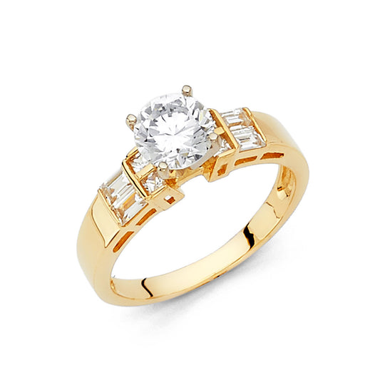 14K Yellow Gold Women’s Round Cut Solitaire CZ Ring with Baguette Accents