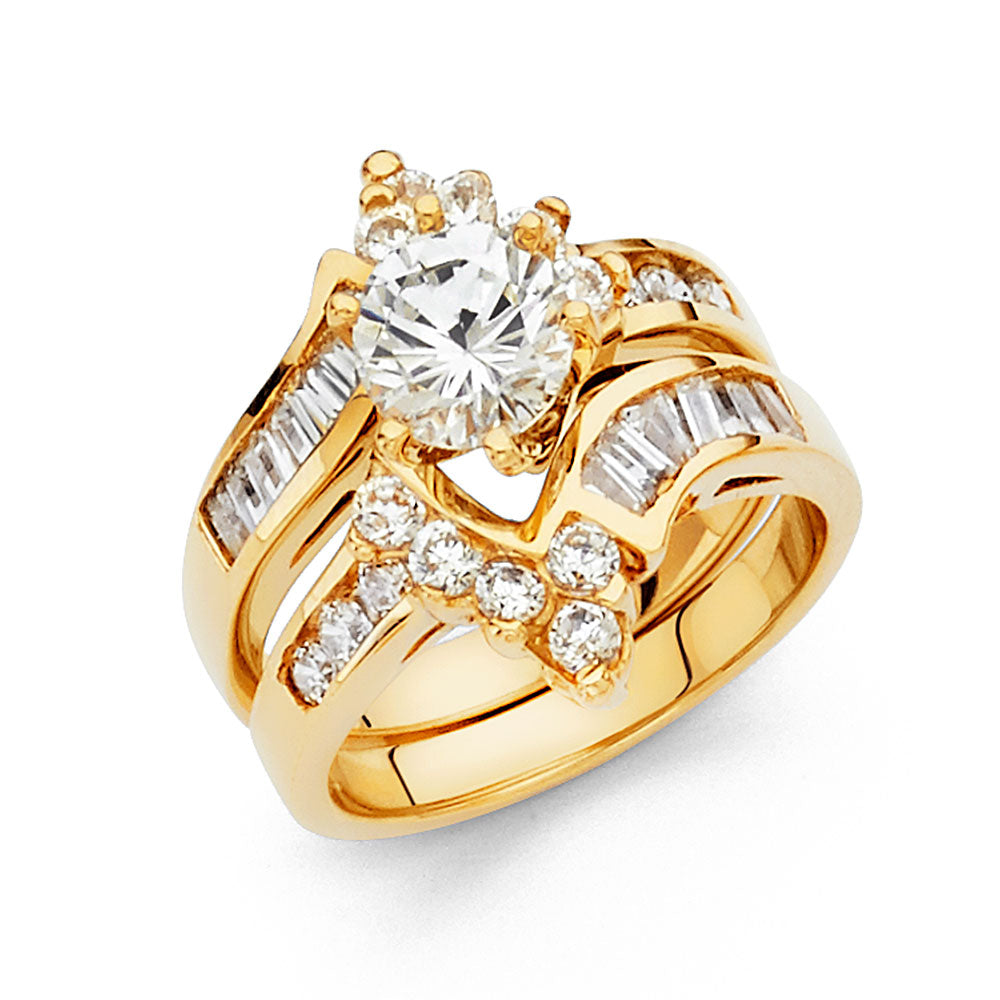 14K Yellow Gold Women’s Solitaire Design Round CZ Ring with Matching CZ Wedding Band